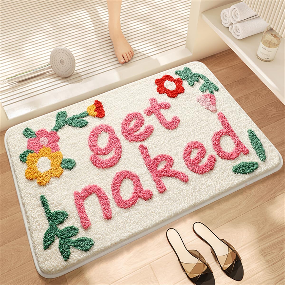 Ankah Get Naked Bath Mats, Rude Swear Words Unique Funky Cute Bathroom Rugs, Non Slip Rubber Backed Machine Washable, Cool Shag Absorbent Bath Rug for You Home, 17.32" x 29.92" (get Naked (Flower))