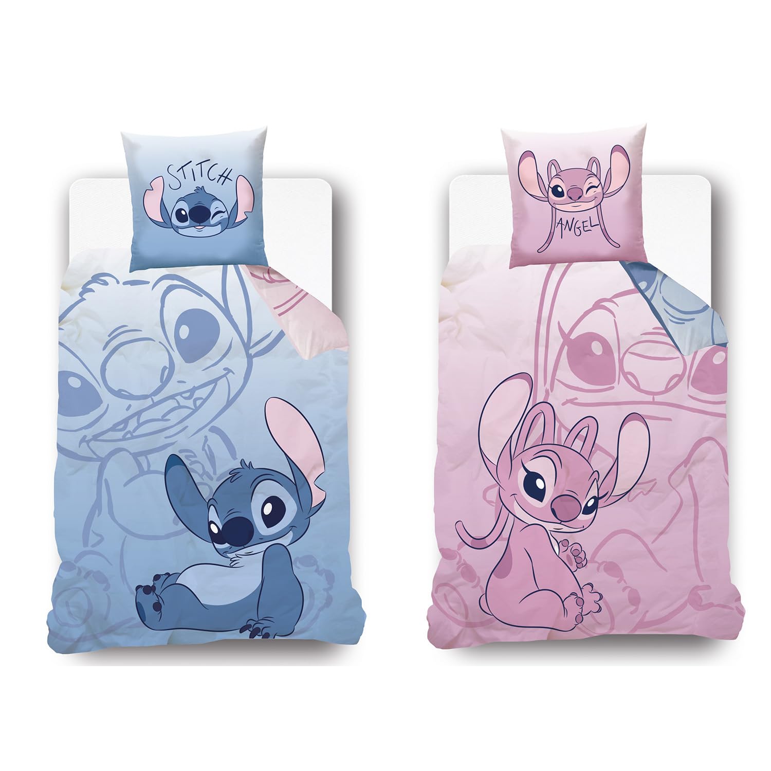 Housse de couette Stitch Disney 140x200 cm en coton avec taie d'oreiller bleu rose