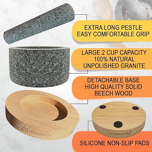 Miniatura 4 de Juego de mortero y mortero sin pulir grande  100% granito resistente  Molcajete Mexicano  Capacidad de 2 tazas  Base de madera duradera  Cuenco de