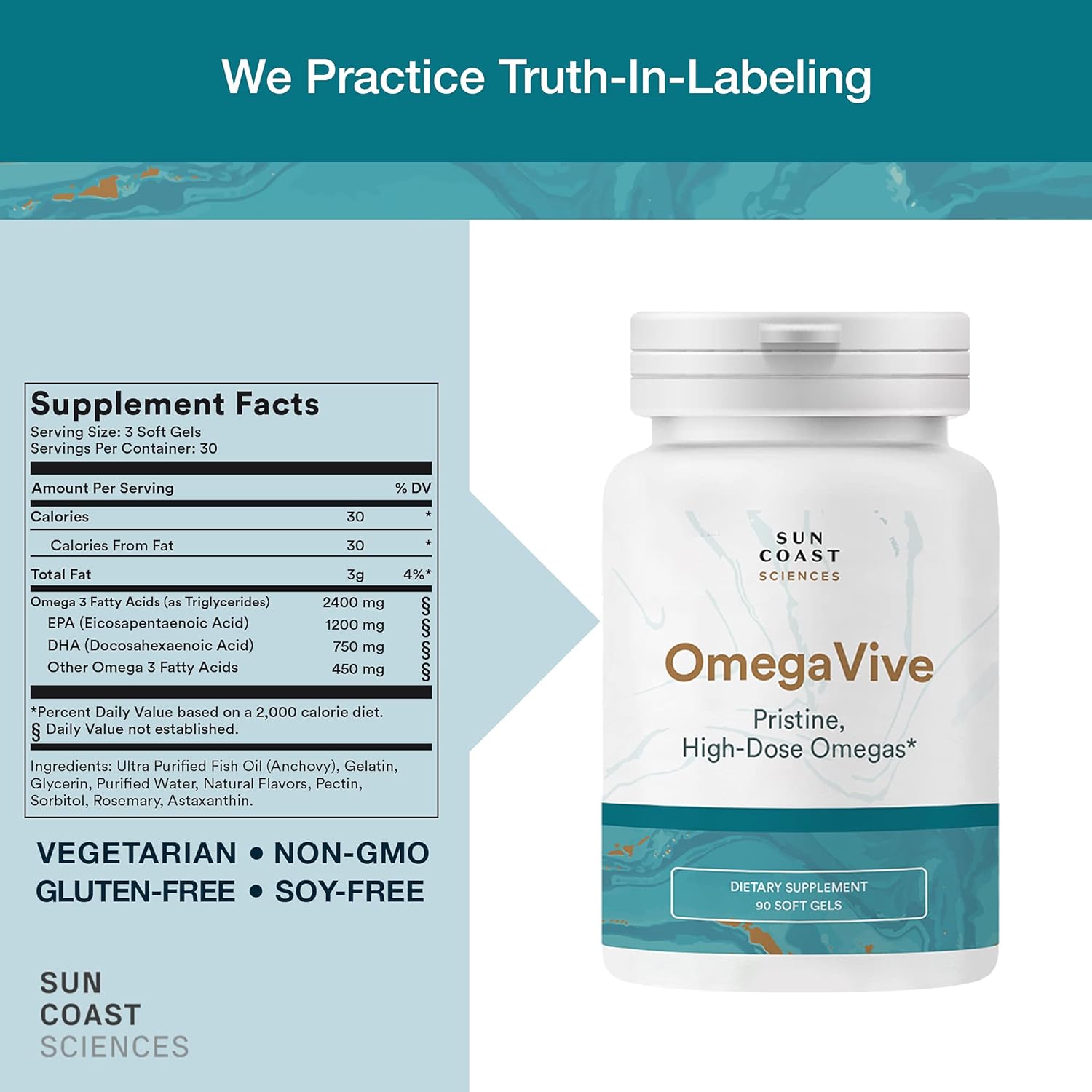 Sun Coast Sciences OmegaVive - Pure Fish Oil with Omega 3 EPA and DHA - 90 Vegetarian Softgels - Supports Skin Health and Overall Wellness and Vitality - Lemon Lime Flavor - Made in USA : Health & Household