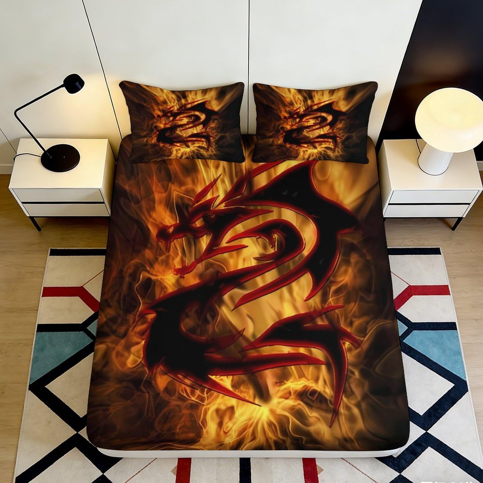3D Printed Fire Dragon Fitted Sheet Microfiber Anti-Slip Bed Cover Flame Tattoo Mattress Protector Bedroom Decor 160x200x25cm