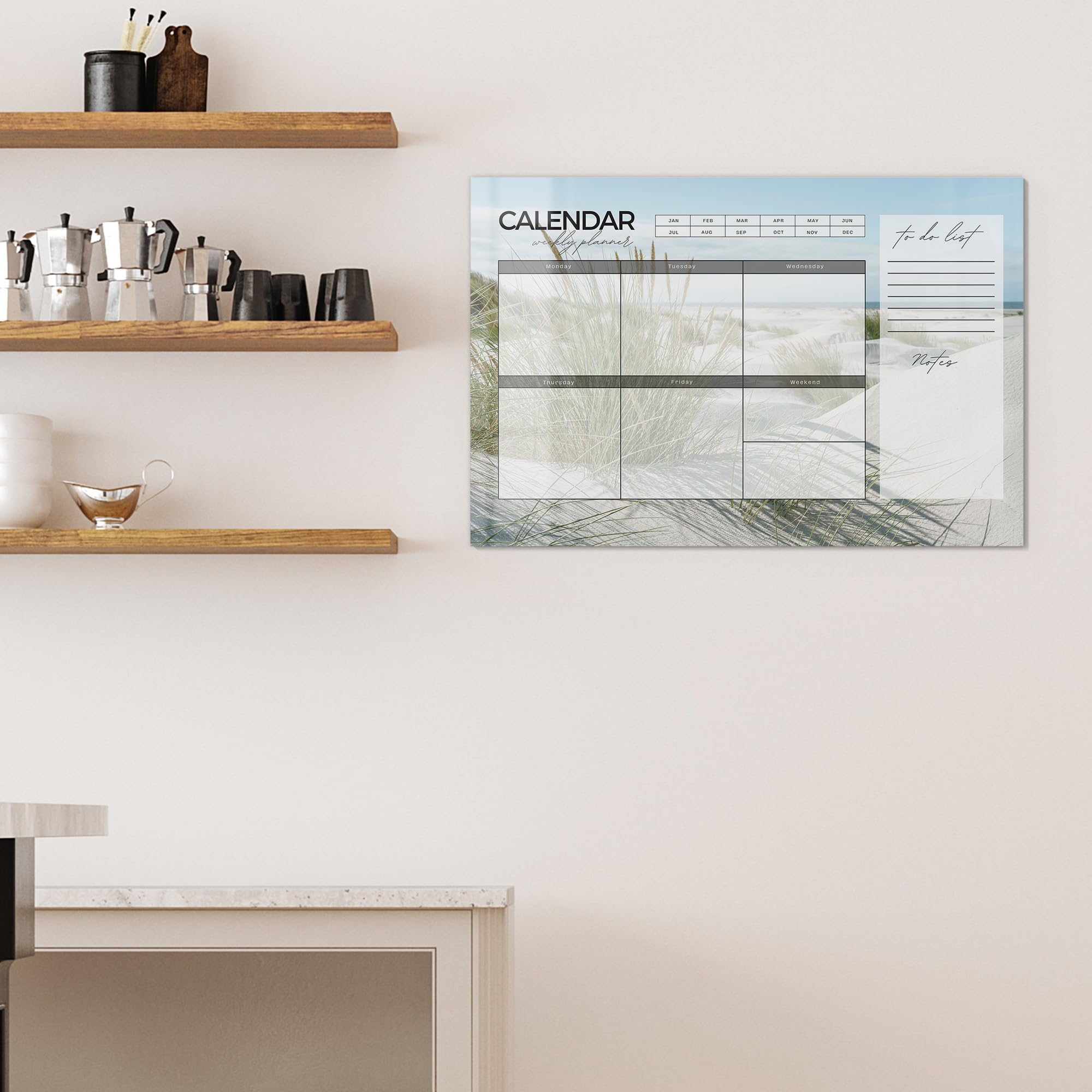 DEQORI Lavagna magnetica in vetro | 90 x 60 cm | motivo "Agenda settimanale sabbia (EN)" | Lavagna magnetica con magneti, penna e panno per cucina e ufficio, lavagna magnetica e scrivibile