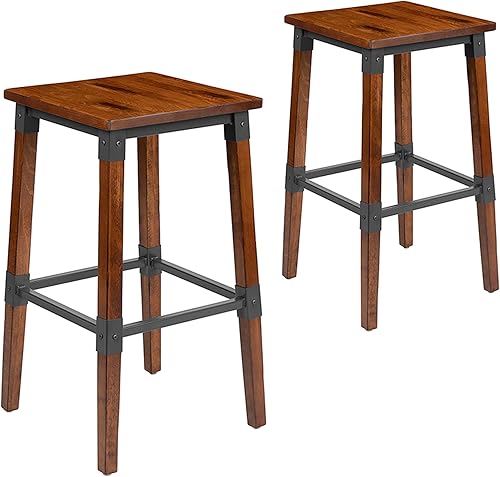 Flash Furniture Jackson - Taburete de bar de madera industrial de nogal antiguo, 2 unidades