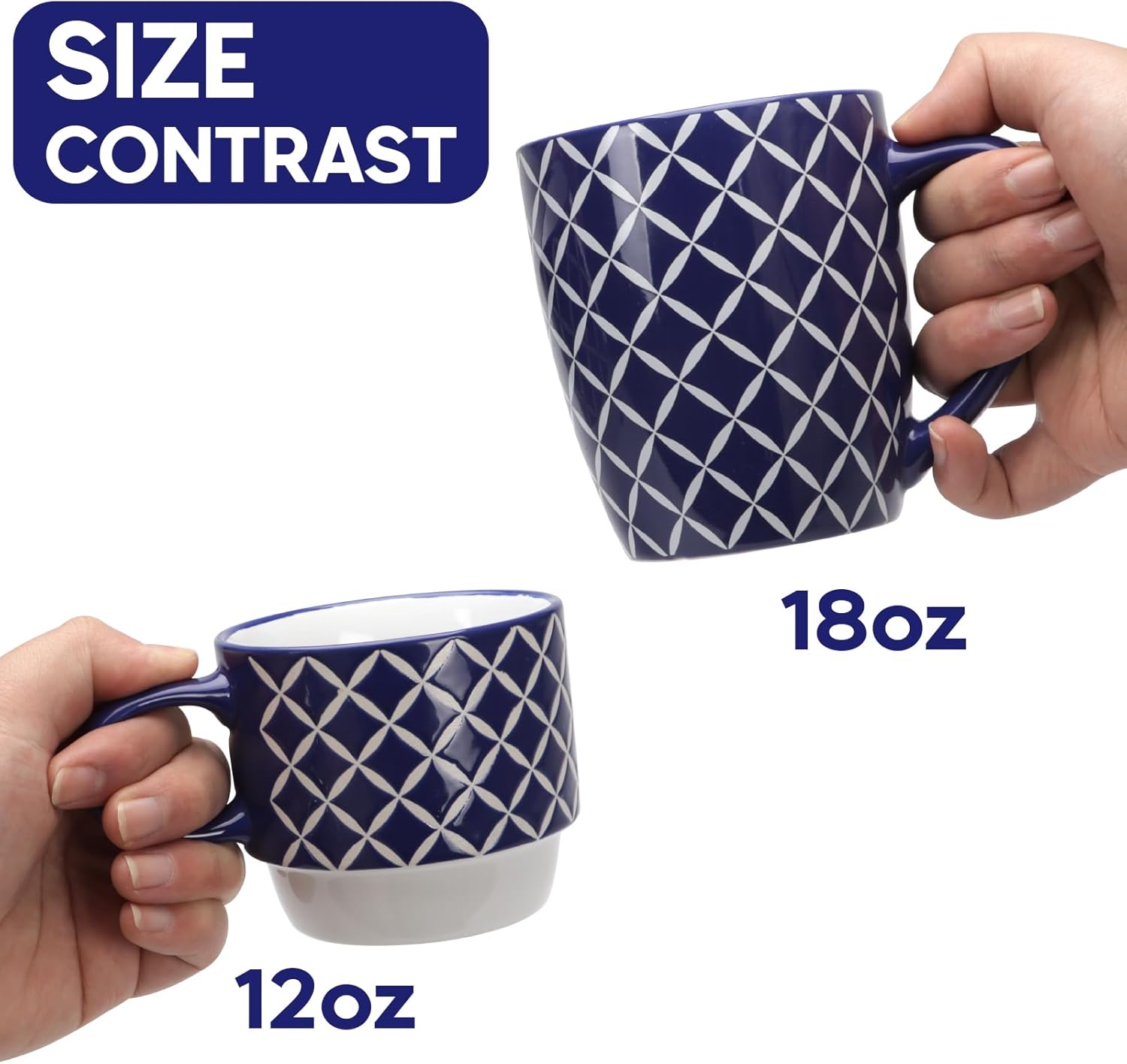 Schliersee 18 OZ Large Coffee Mugs Set of 6, Ceramic Mug for Man Woman, Blue White Geometric Floral Porcelain Cup for Latte, Tea, Cappuccino, Mocha, Cocoa, Housewarming Wedding Mug Present