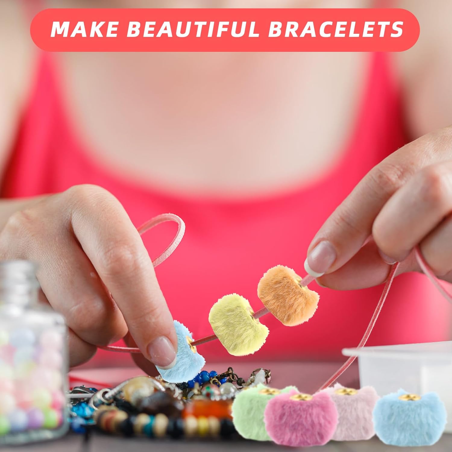 50PCS Fluffy Faux Fur Pom Poms Beads, Soft Fuzzy Spacers Beads, Multicolor Large Hole Craft Bead for Pens Bracelets Jewelry Making Bag Keychains DIY Crafts Projects Gifts Accessories - Image 4