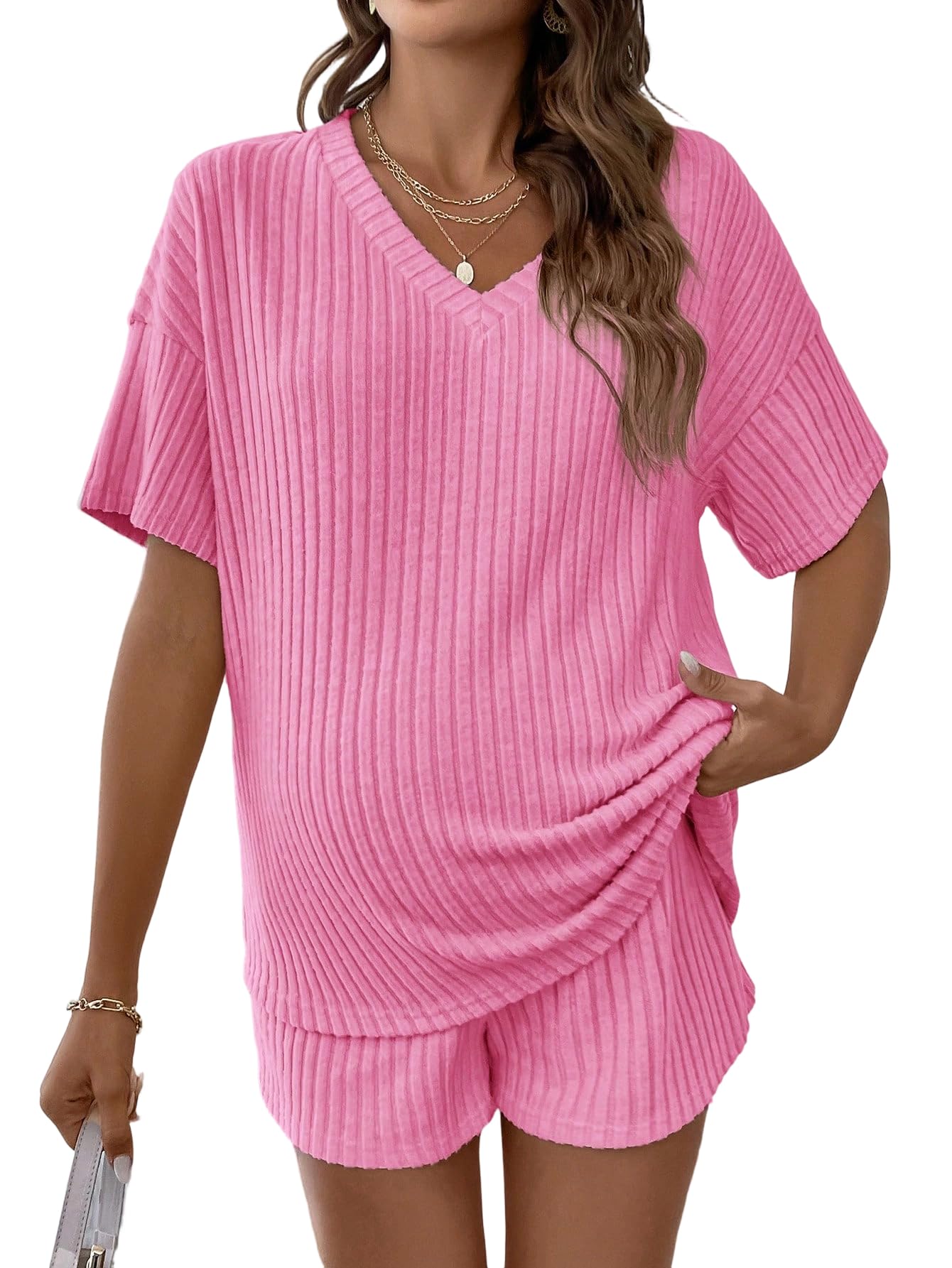 MakeMeChic Women's Maternity 2 Piece Sets Ribbed Shirt and Biker Shorts