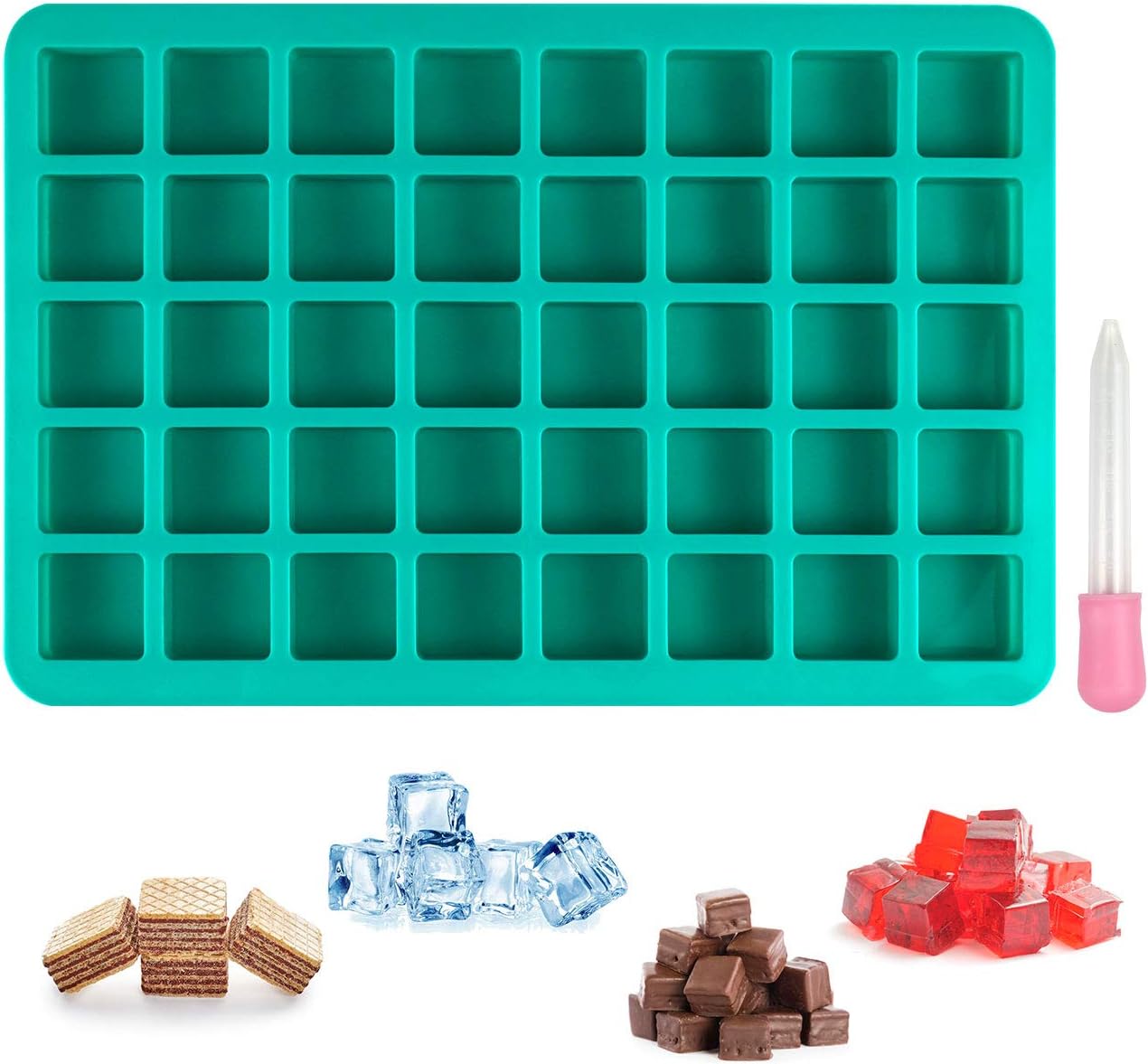 BUSOHA Square Caramel Candy Molds Silicone,40 Cavity Non-Stick Square Silicone Molds with 1 Droppers for Gummy,Chocolate,Hard Candy, Butter, Ice Cube, Dog Treats