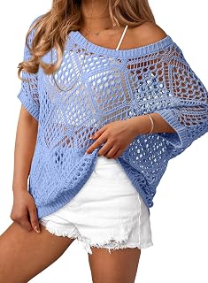 Dokotoo Women's Crochet Cover Up Tops Summer Short Sleeve Off Shoulder Sweater Shirts Beach Swimsuit Coverup