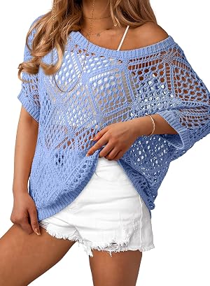 Dokotoo Womens Crochet Cover Up Tops Summer Short Sleeve Off Shoulder Sweater Shirts Beach Swimsuit Coverup
