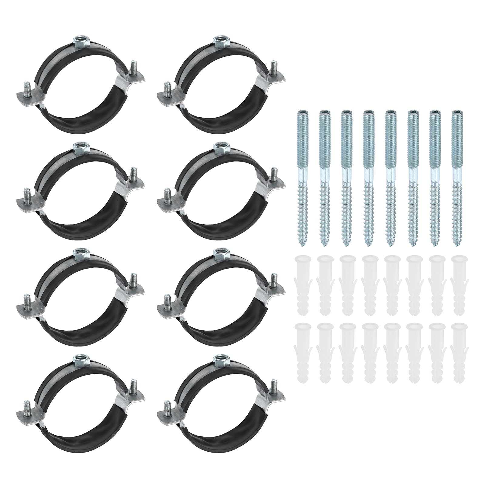 sourcing map 8 Set Split Ring Pipe Hanger 2-1/2" (63mm) Galvanized Steel Sheet Wall Ceiling Mount Adjustable Pipe Bracket Clamp with Screw and Expansion Tube for Plumbing HVAC (M8) — image 1