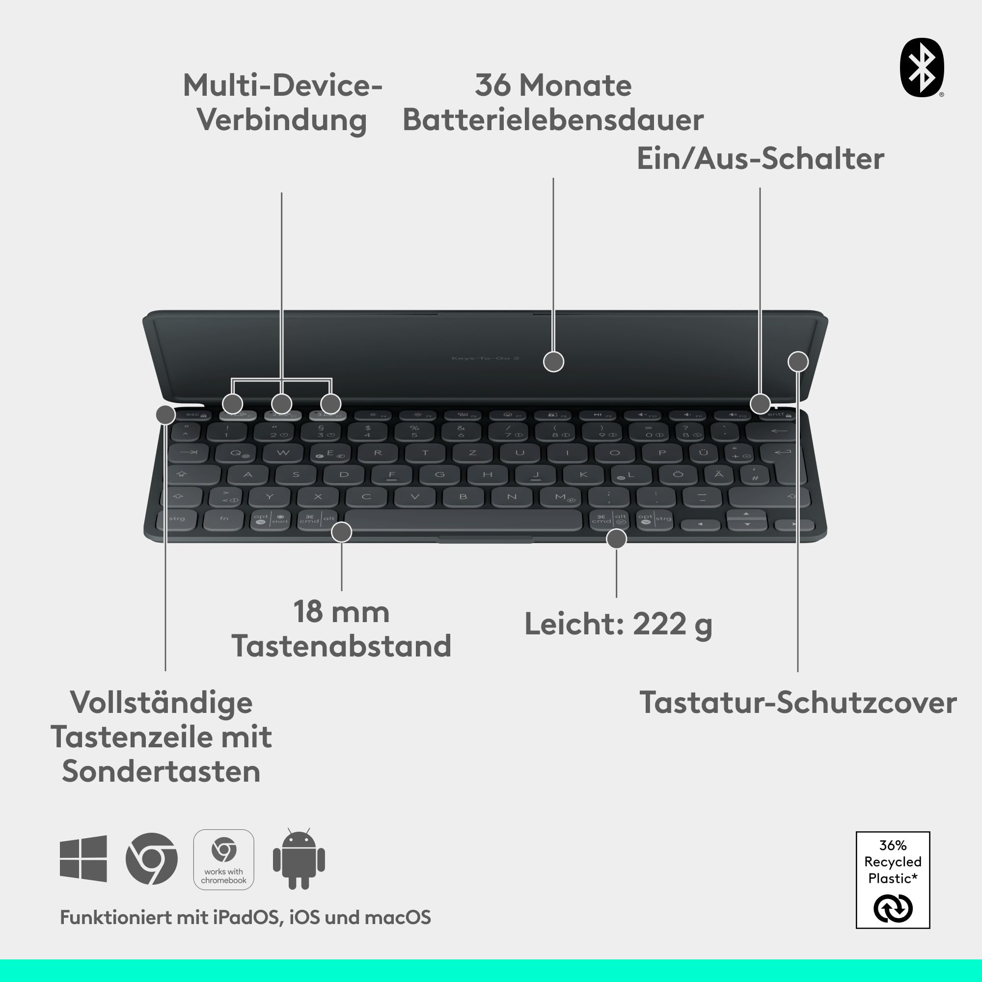 Logitech Keys-to-Go 2, Mobile Bluetooth-Tastatur für Tablets mit integriertem Schutzcover, schlanke, kabellose Tastatur für Windows, Android, Linux, iPad, iPhone, Mac, Apple TV, DEU QWERTZ - Grau