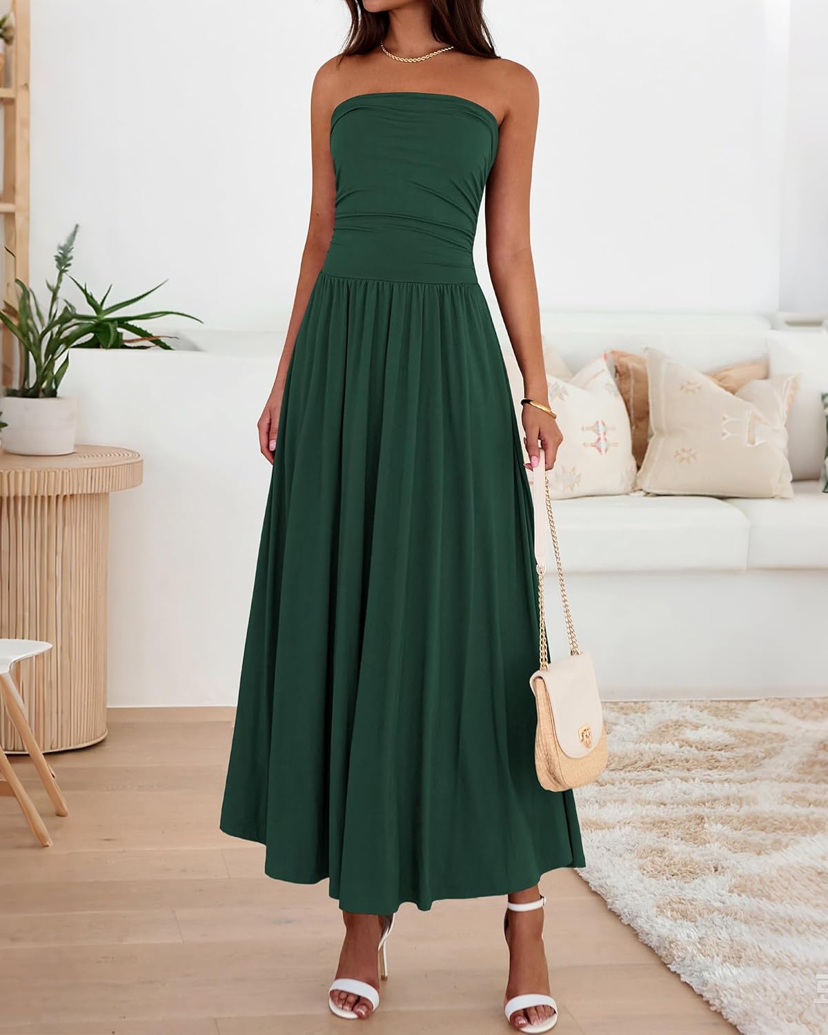 BTFBM Summer Maxi Dresses for Women 2026 Strapless Ruched Tube Top Beach Vacation Spring Wedding Guest Dress Pockets - Image 2