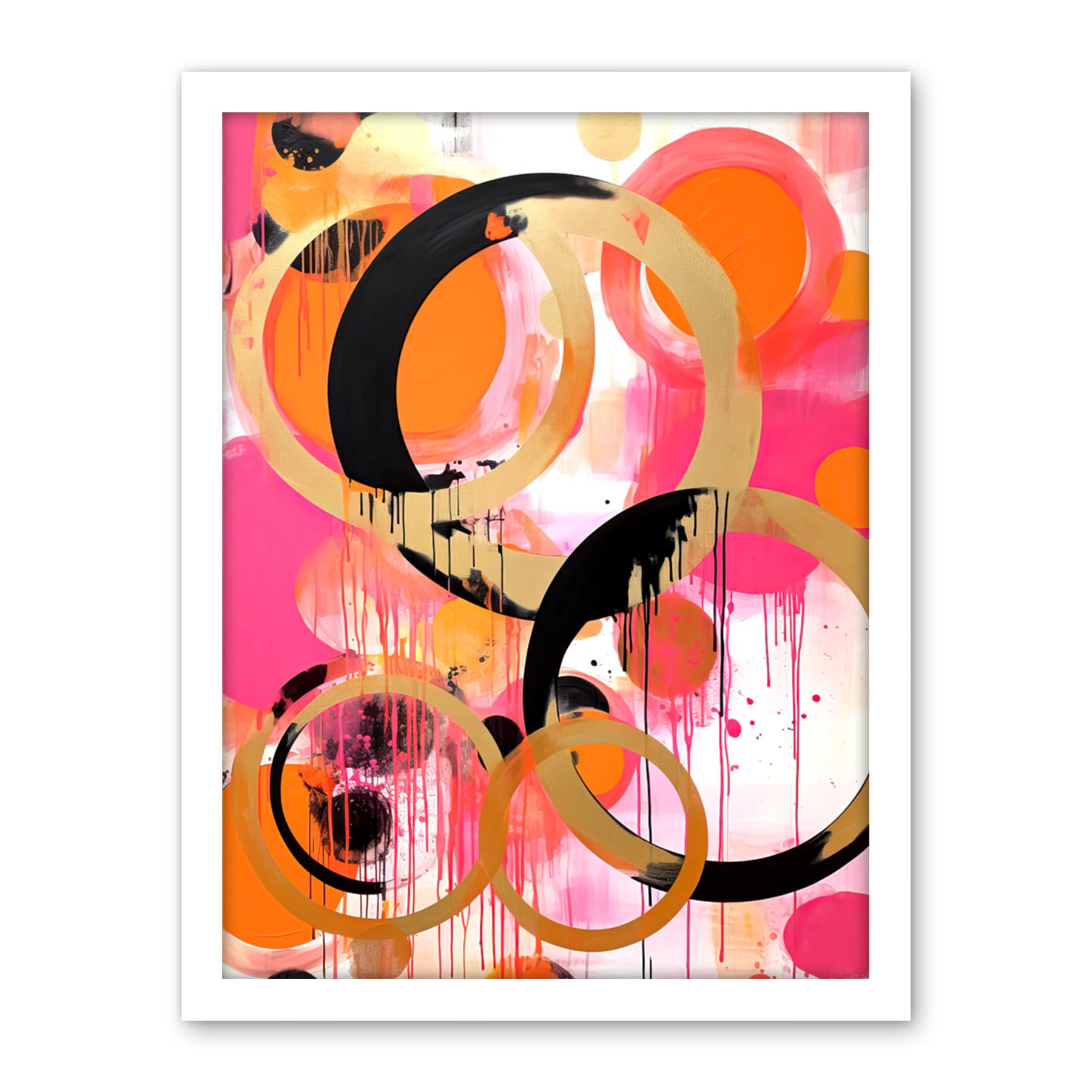 Artery8 Abstract Circles Oil Painting Bright Pink Orange Gold Black Geometric Drip Paint Artwork Framed Wall Art Print 18X24 Inch