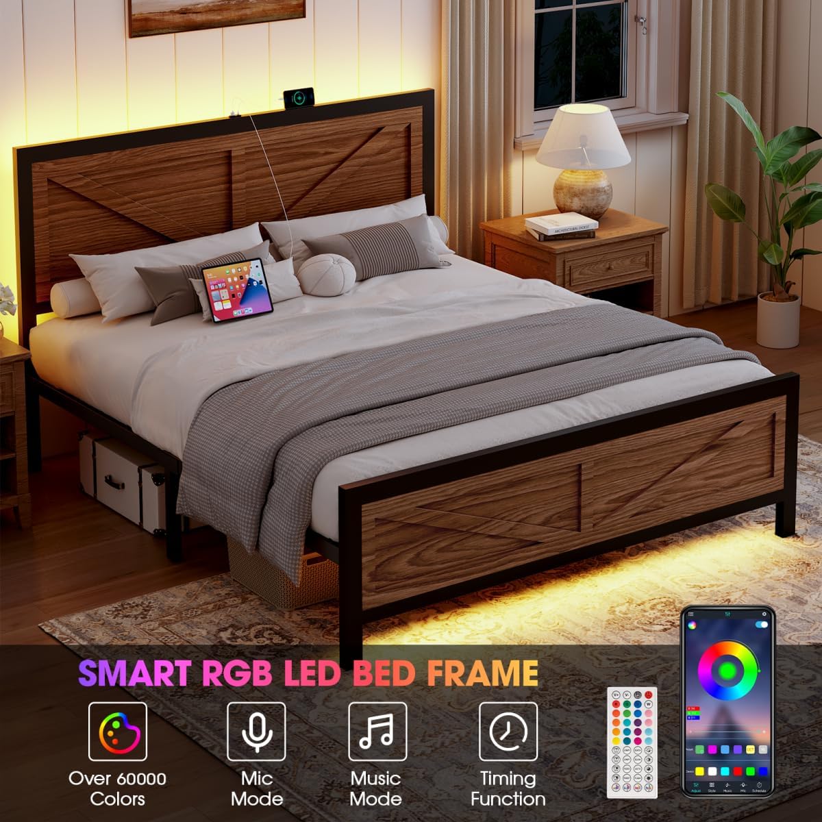 Image showing the bed frame with LED lights illuminated in various colors, controlled by a remote and smartphone app.