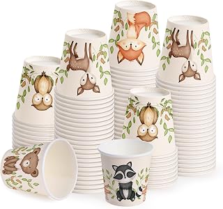 WRAPAHOLIC 3oz Woodland Animal Bathroom Cups - 100 Pack Leaf Paper Cups | Woodland Animal 5 Designs, Small Mouthwash Cup for Toothbrush Rinse, Home Bathroom, Baby Shower, Kids Birthday