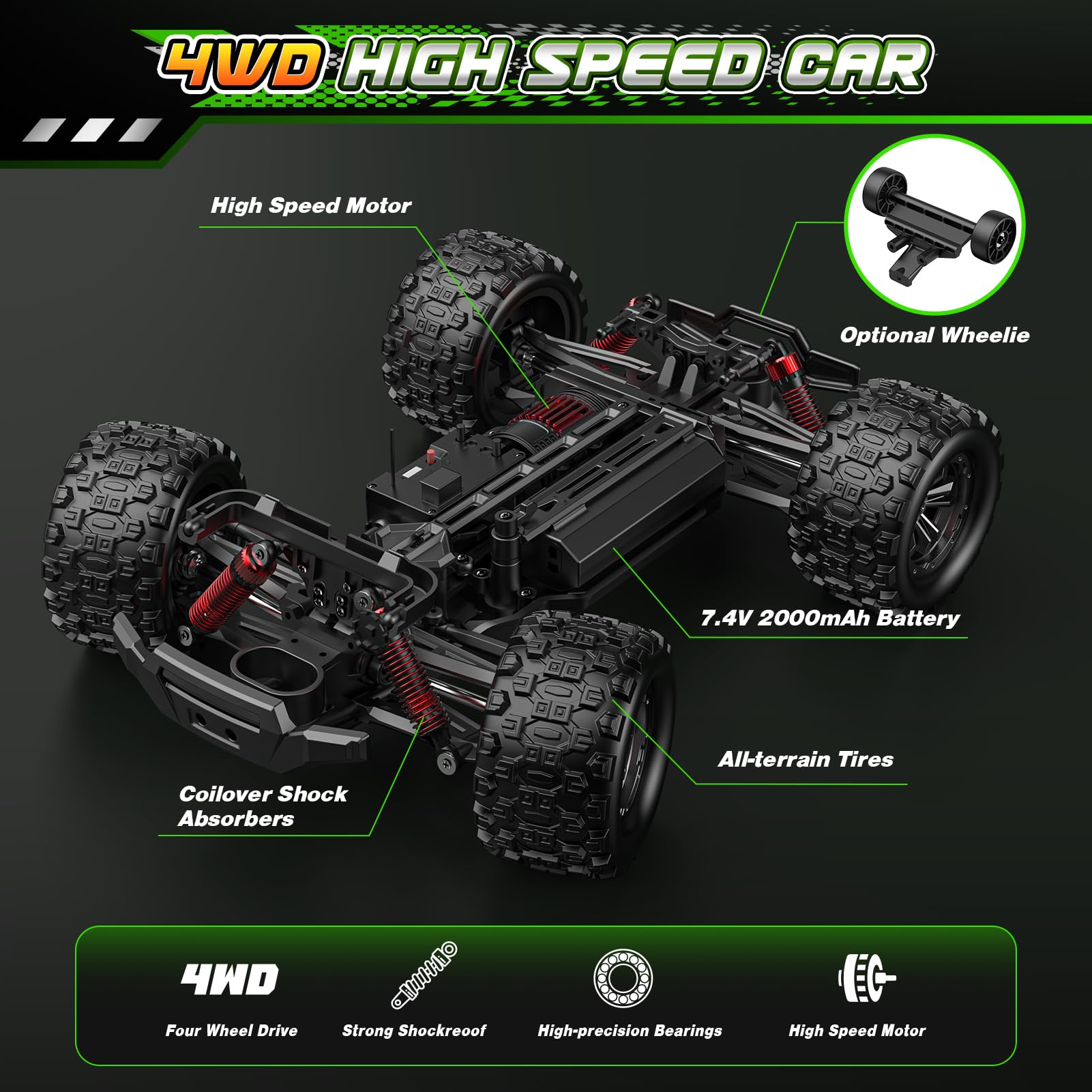 HappyGoLucky 1:14 Macchina Telecomandata Professionale, 50 KM/H, 2 Batterie da 2000 mAh, 4x4 All Terrains Monster Truck con luci LED, Auto Radiocomandata per Adulti e Ragazzi