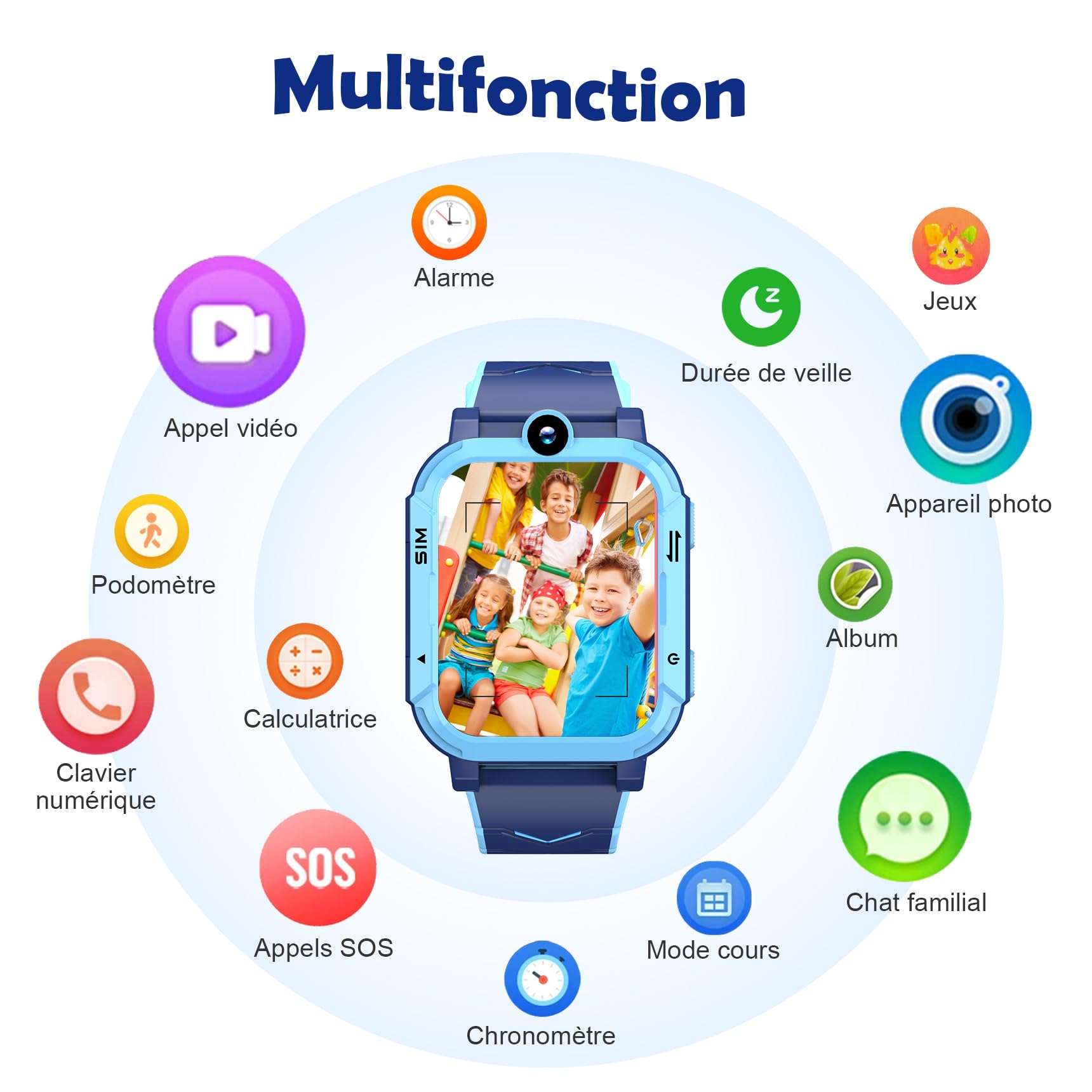 Blackview Montre Connectée Fille Garçon à 4G, GPS+LBS+WiFi, SOS, Caméra Frontale, Appels Vidéo, Podomètre, pour Filles et Garçon 5-16 Ans（Bleu）