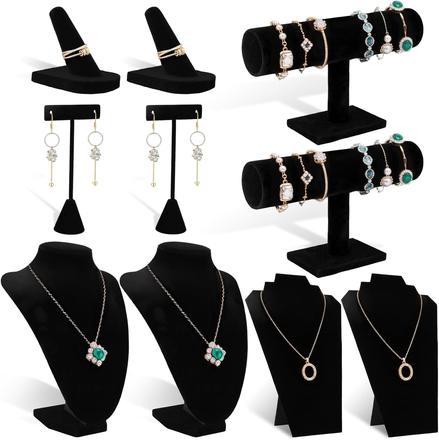 12 Pcs Black Velvet Jewelry Display Set, Foldable Necklace Holder Ring Holder Bracelet Display T Shape Earring Stand, Jewelry Stands and Displays Set for Home or Store Show