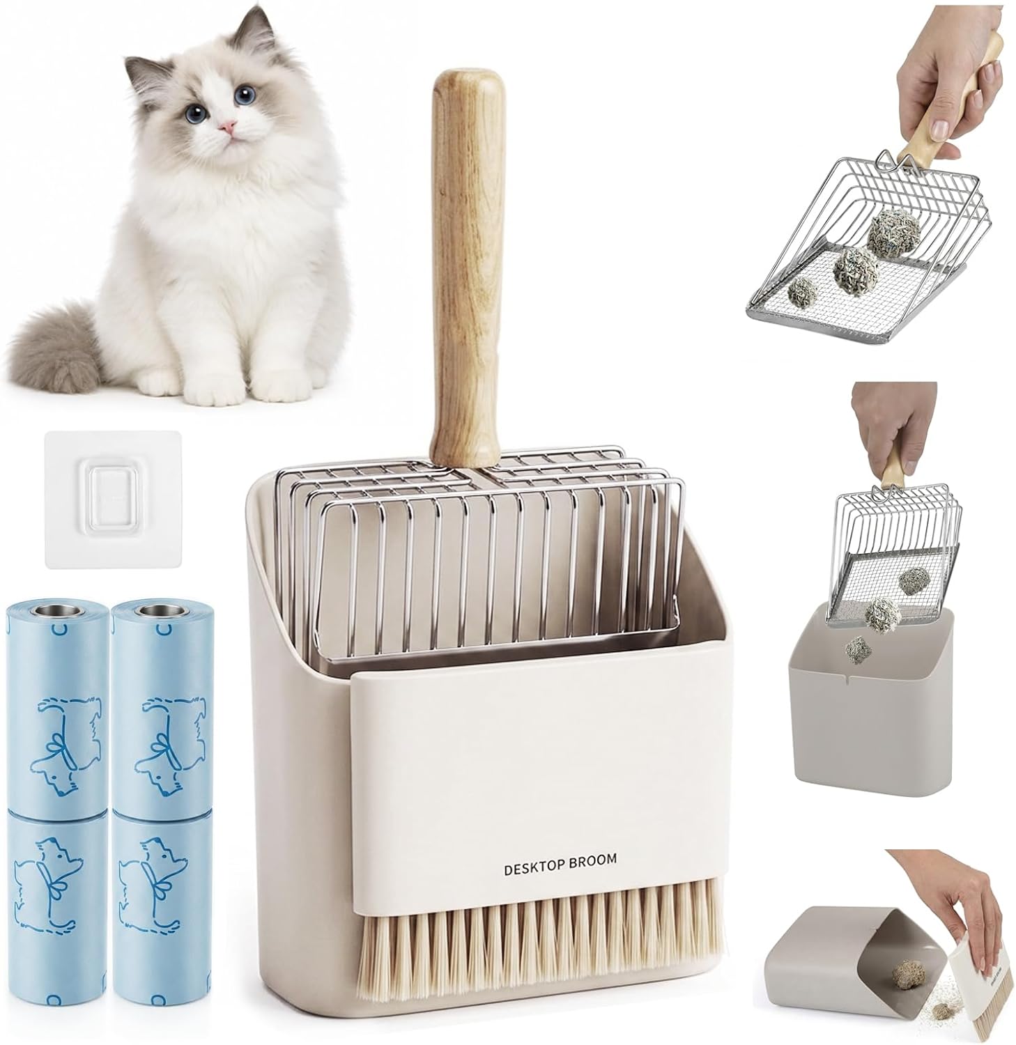 4 Pack Cat Litter Scoop Set，Cat Litter Scooper with Holder | Metal Cat Litter Scoop with Wood Handle, Mini Broom and Dustpan, 80 Bags, Coarse & Fine Mesh for Faster Sifting