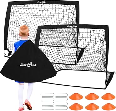 Football Goals for Kids, 4'x 3' Foldable Football Net Set of 2 Post with 6 Football Cones, 8 U-shaped Steel Nails and Carry Bag, Football Training Equipment for Garden