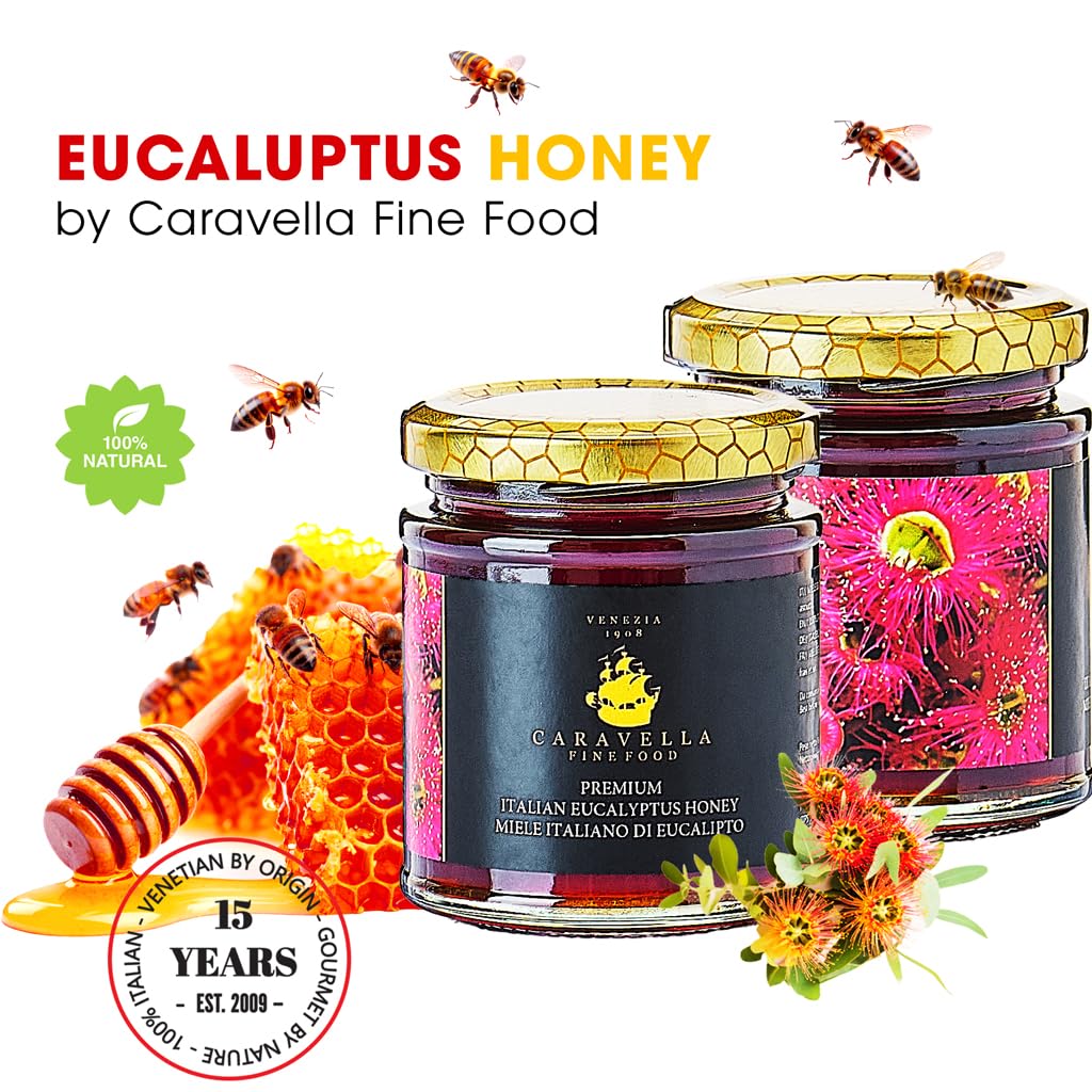4x Miel de Eucalipto 250 g Caravella Fine Food | Intensas notas balsámicas y amaderadas | Pura Cruda Rica en antioxidantes y enzimas| Calmante y depurativa | Ideal para Té Desayuno Tos Piel Bienestar
