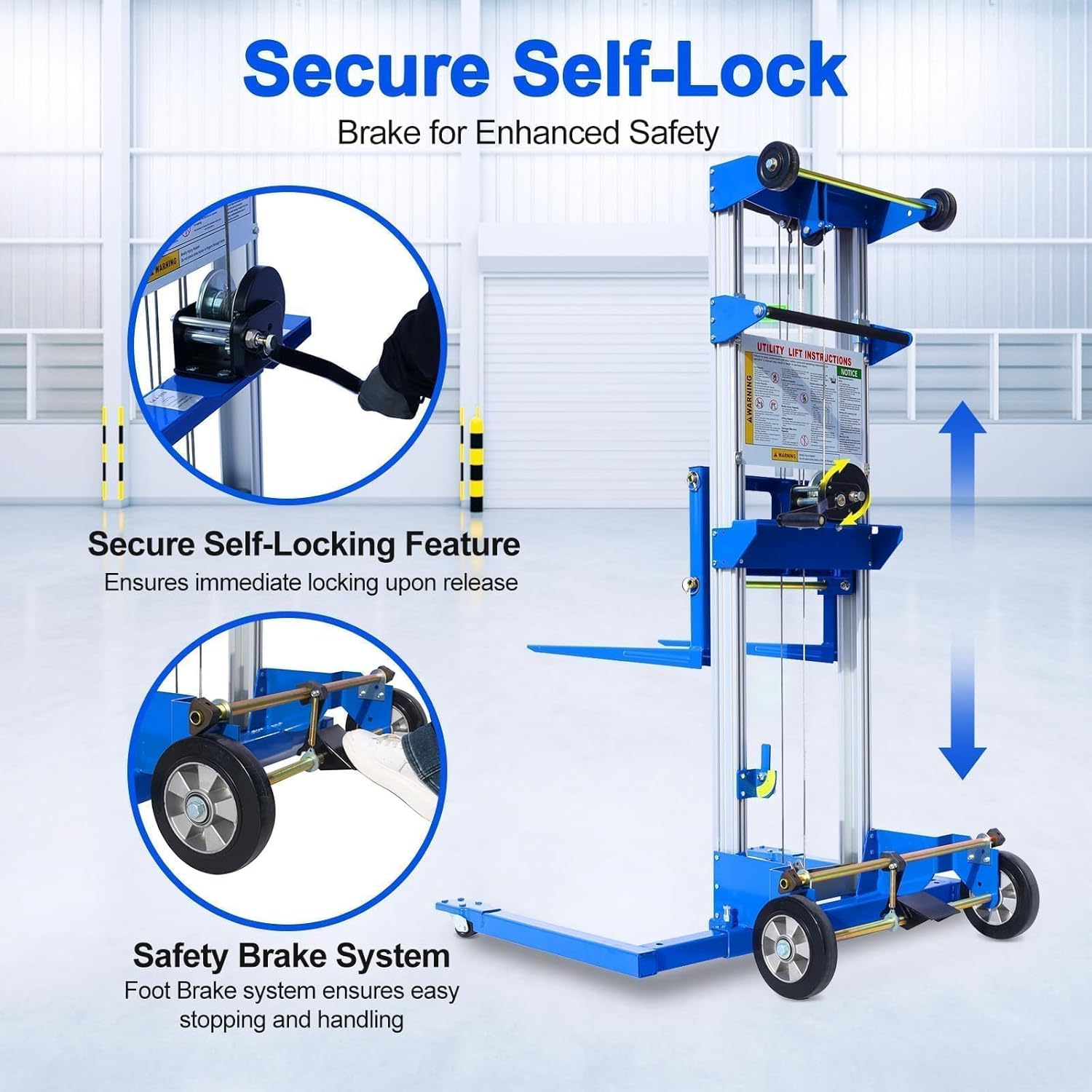 Material Lift Winch Stacker, 1.97"-70" Height Range, 500 lbs Capacity, 42.90"L x 43.30"W, Adjustable Straddle Hand Winch Lift Trucks for Warehouse, Factory