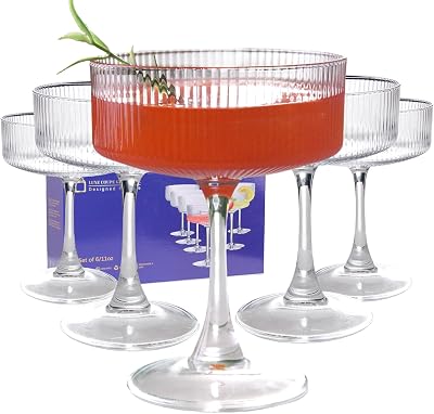 KMIGRUAN Ribbed Coupe Glasses Set of 6,11oz Large Cocktail Martini Glasses
