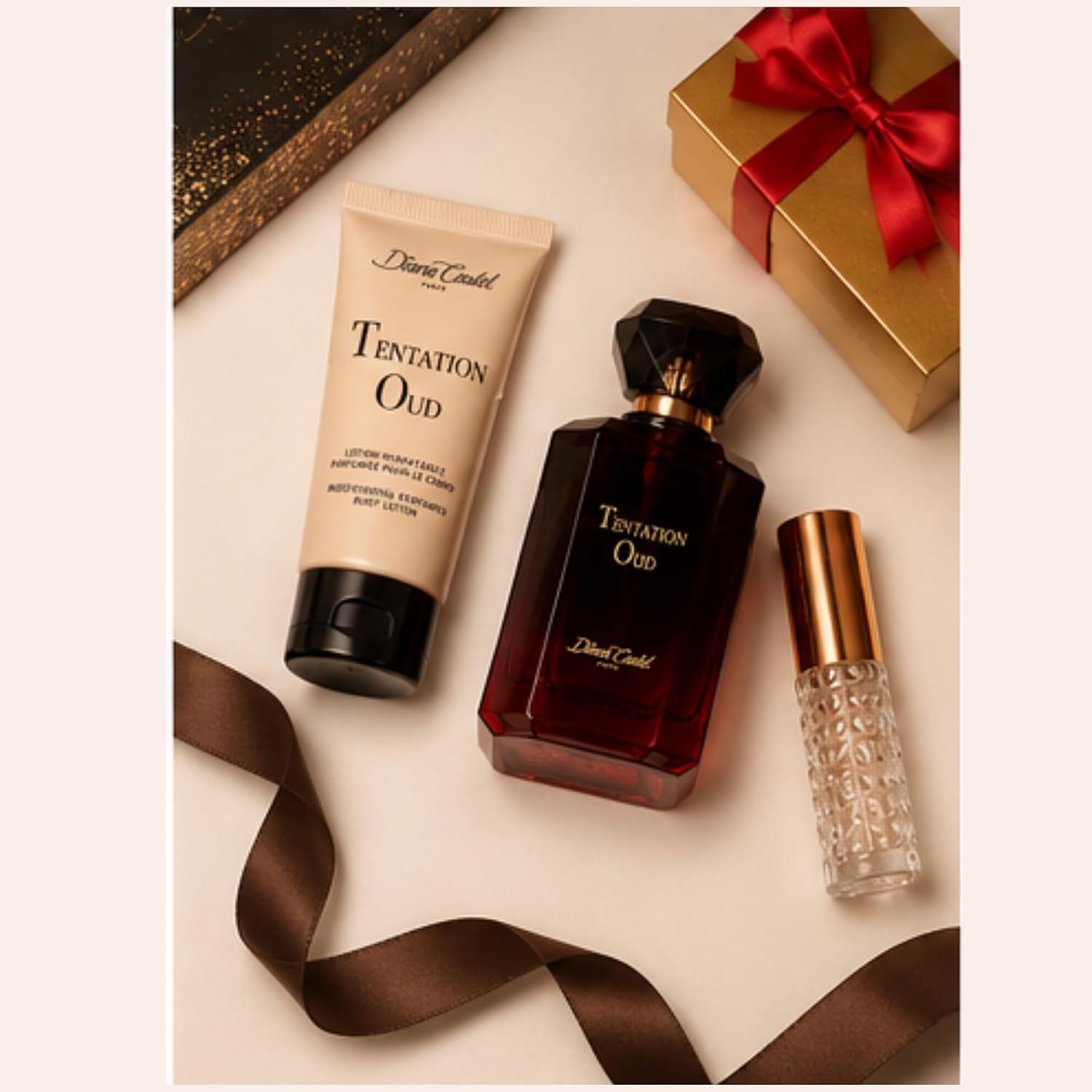 Diane Castel Tentation Oud Gift Set - Amber Spicy Gourmand Fragrance - Women Perfume and Body Lotion - Notes of Saffron, Jasmine, and Oud - 3 pc