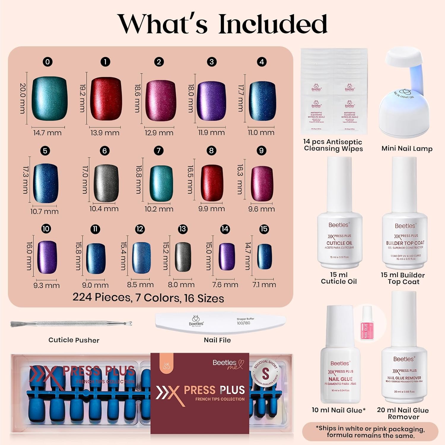 Beetles X Press Cat Eye Nails Kit - Mystic Aurora | 7 Colors Cat Eye Press On Nails Short Square | 224Pcs 16 Sizes All-in-One Kit With Nail Glue,Remover,Builder Top Coat,Nail Lamp Gift