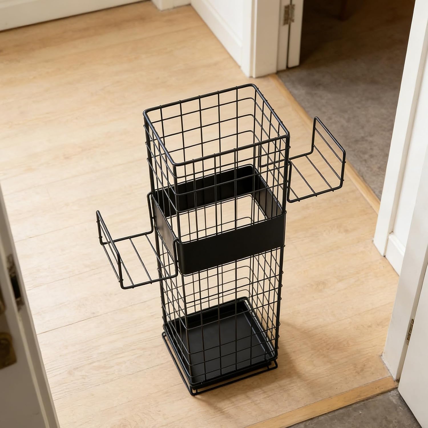 SHINEOFI Metal Umbrella Stand Holder with Removable Drip Tray, 20 Inch Iron | Black Square Frame, Hanging Basket and Grid Hollow Build, Home or Hotel Use, Efficient Storage with Base Tray