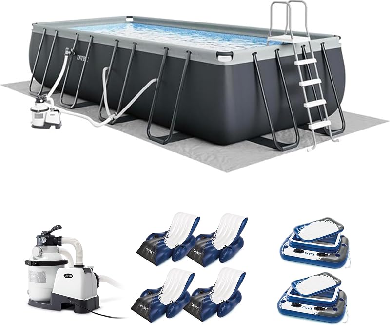 26355EH Ultra XTR 18ft x 9ft x 52in Above Ground Swimming Pool Set with Sand Filter Pump, Inflatable Lounge Pool Recliners (4-Pack) and Inflatable Beverage Cooler (2-Pack)