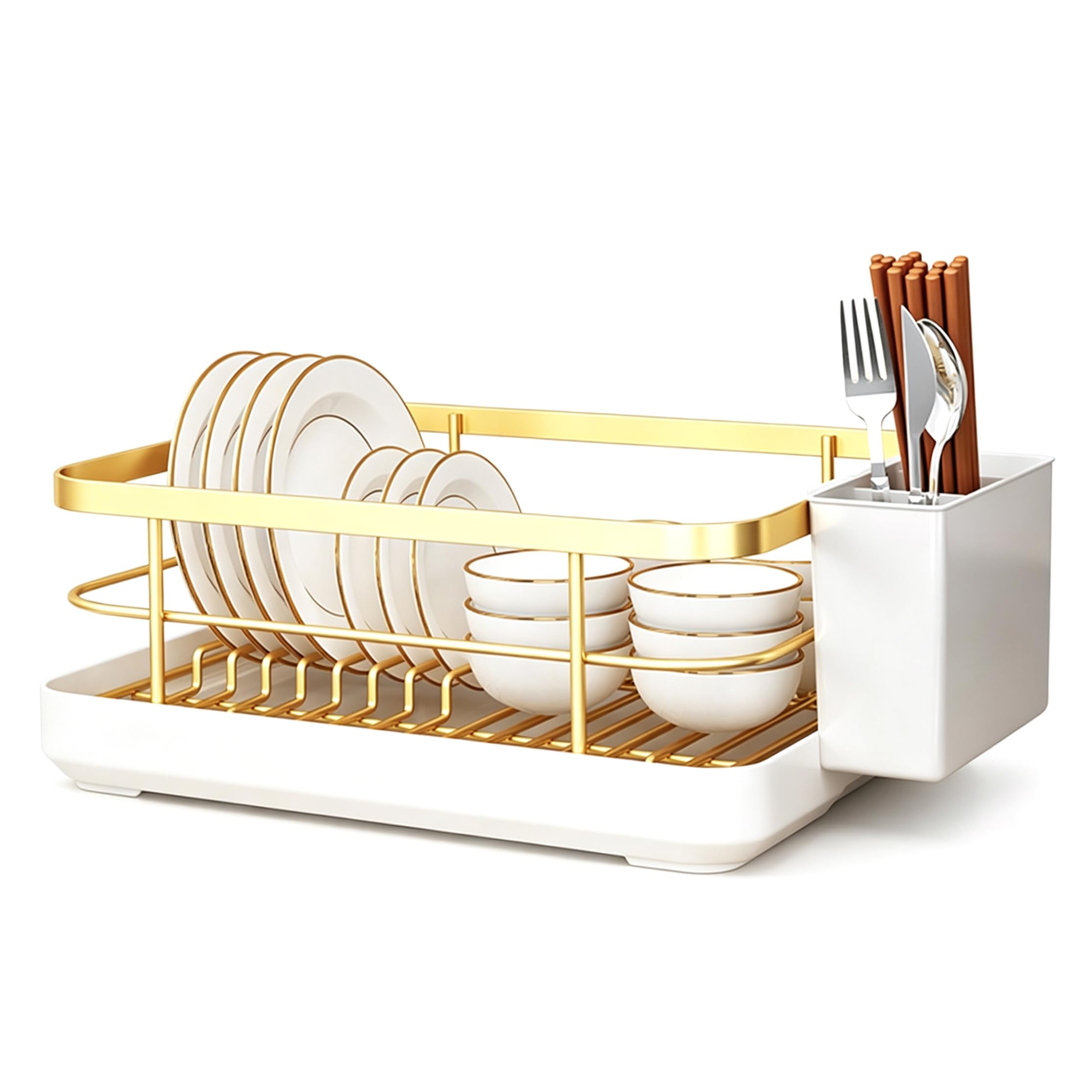 Escurridor de platos de diseño dorado con escurridor integrado y alta capacidad