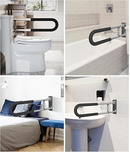 Miniatura 7 de Barra de seguridad plegable para inodoro, riel de soporte para discapacitados montado en la pared de aleación de aluminio para ancianos,