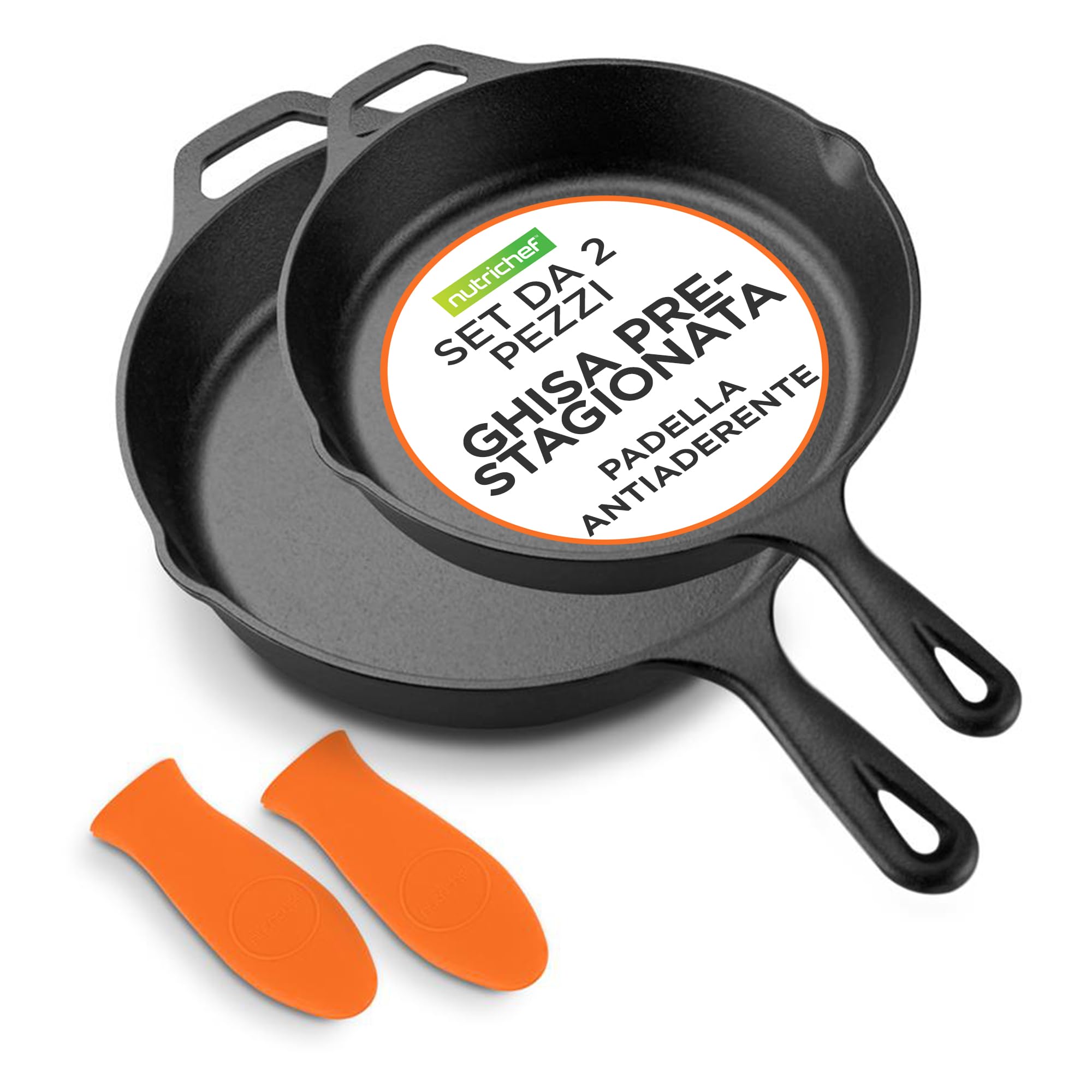 NutriChef Padelle in Ghisa Pre-Condite 25 e 30 Centimetri, Antiaderenti, Manico in Silicone Anti-Scottatura, per Forno, Griglia e Tutti i Piani Cottura