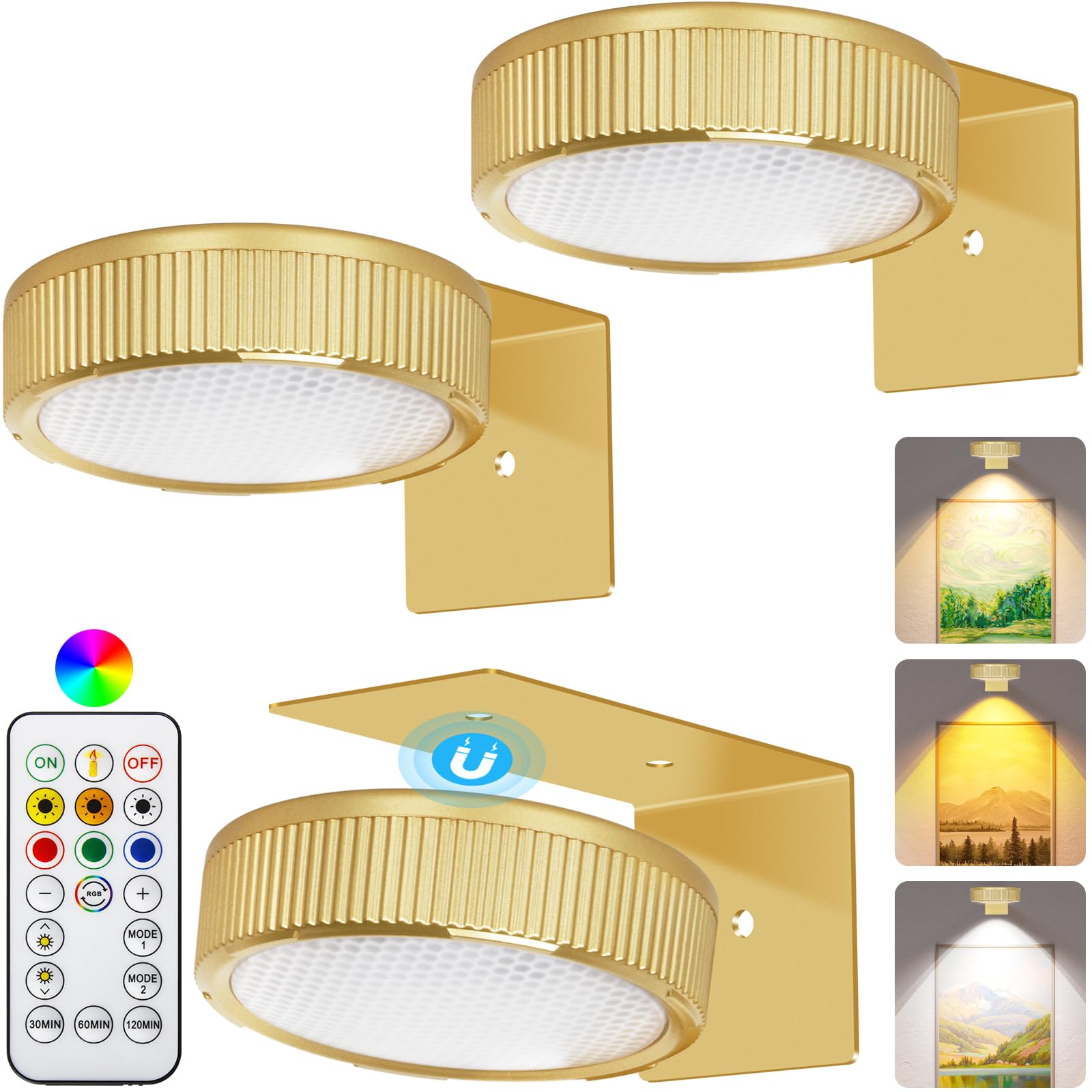 SIXDEFLY RGB Magnetic Suction Spotlight - Battery-Powered, Wireless, Remote Control with Adjustable Timer for Art Displays and Galleries 3 Pack Gold