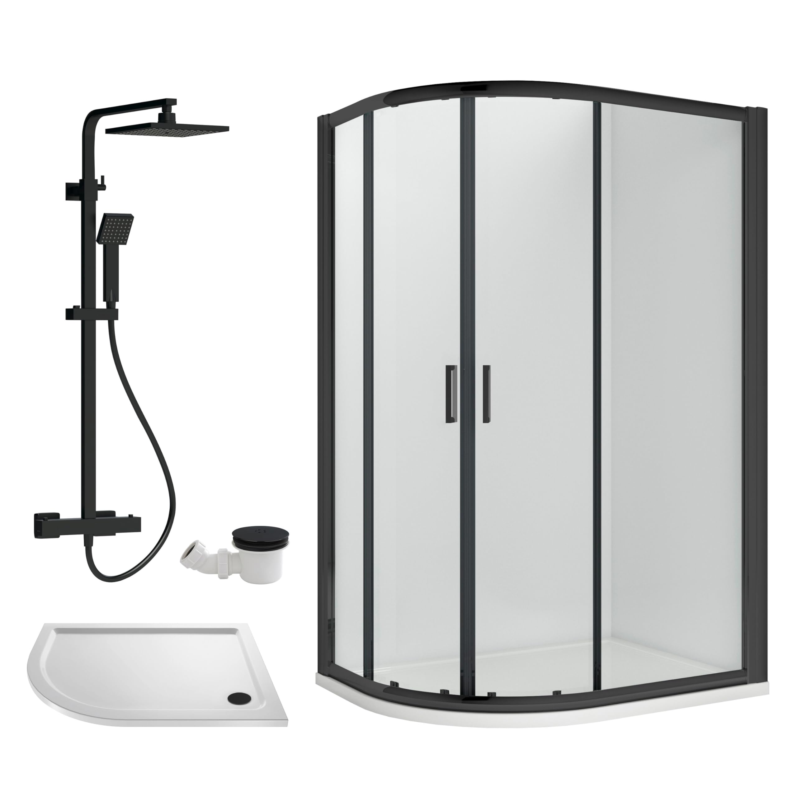 Balterley Black Offset Quadrant Shower Enclosure, Offset Quadrant Tray, Waste & Thermostatic Shower Kit, 6Mm Toughened Safety Glass Door, Bar Handle Sliding Glass Door, Square Showerhead & Handset (Black)