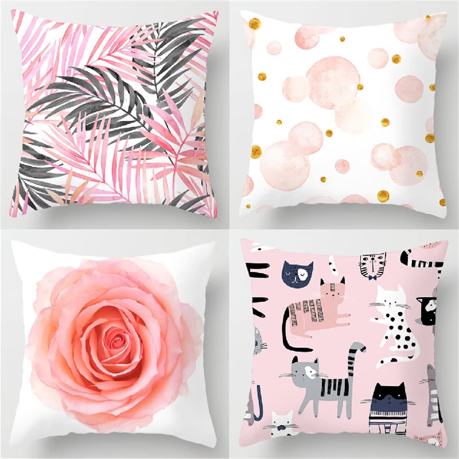 Cojines 65x65cm Flor de Hojas Rosas Cojines Decorativos para Sofa Moderna Decorativa Cojín Juego de 4 para Decoración Hogar Linen Almohadas cuadradas Funda de Cojín D-1251