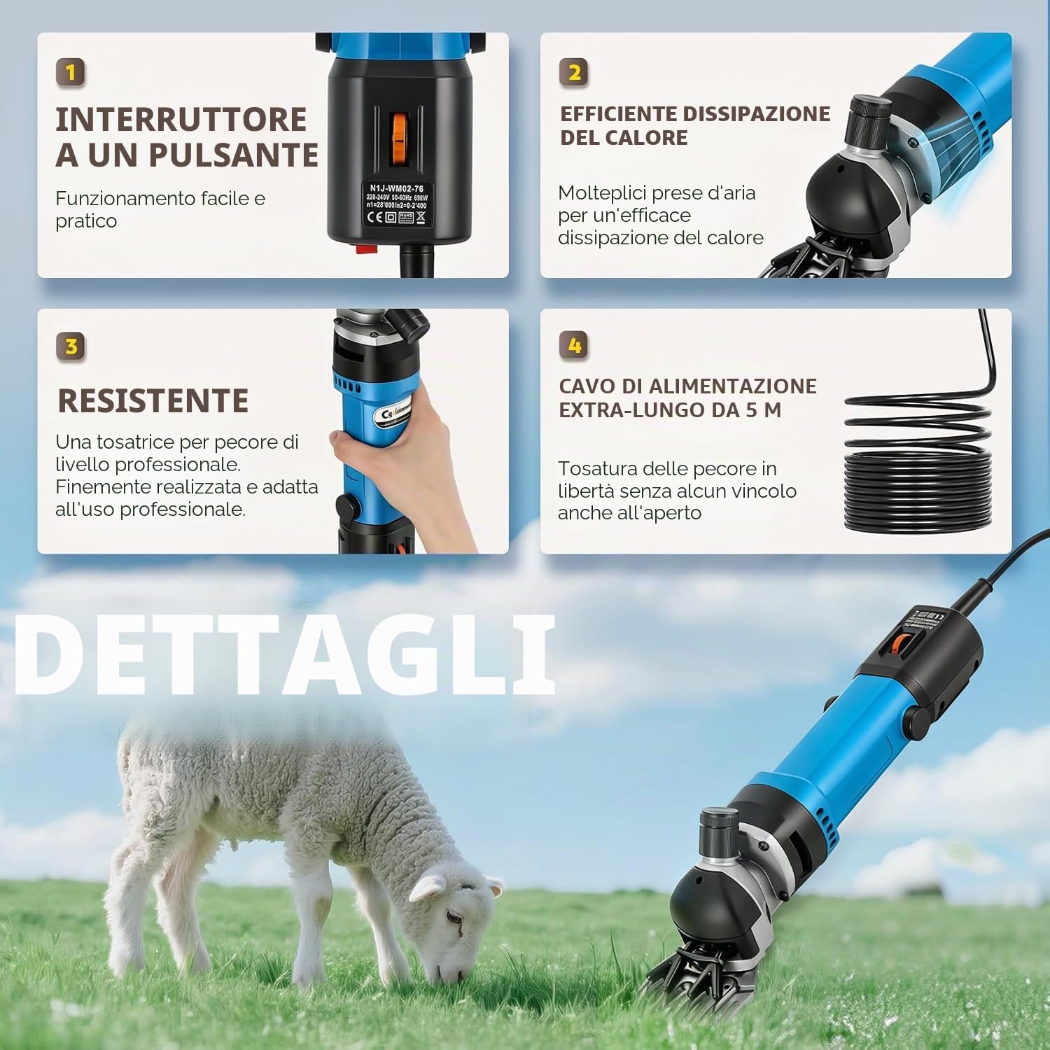 CGOLDENWALL Tosatrice Pecore Elettrica 690W, 6 Velocità, Capre | Professionale, 2400RPM, Cavo 5m, 13 Denti Dritti, Olio Lubrificante, Alpaca
