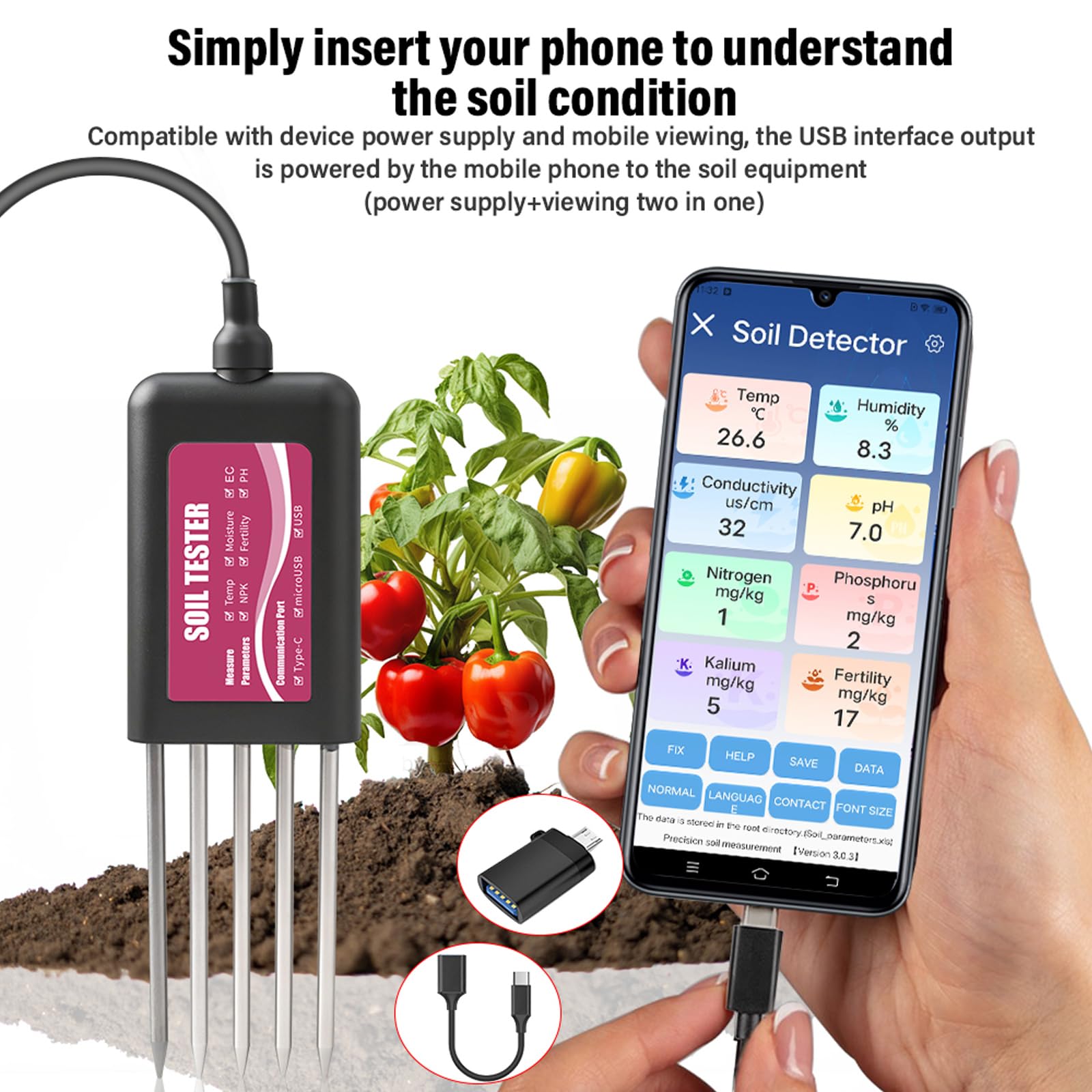 Herramienta de medición de suelo multifuncional de mano con lectura rápida y fácil operación para solución agrícola inteligente probador de suelo