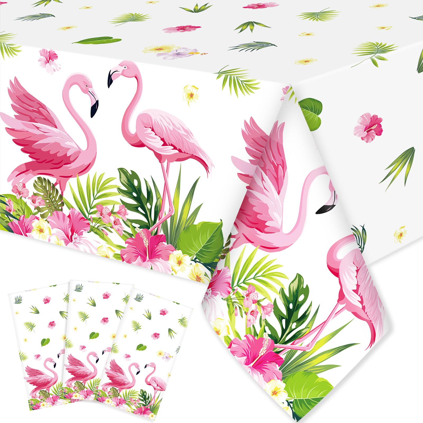 Ganeen 3 Pcs Summer Flamingo Tablecloth Party Decorations, Hawaiian Tropical Plastic Table Cloth, Disposable Luau Table Cover Rectangle for Flamingo Birthday Party Decoration Supplies, 54 x 108 Inch