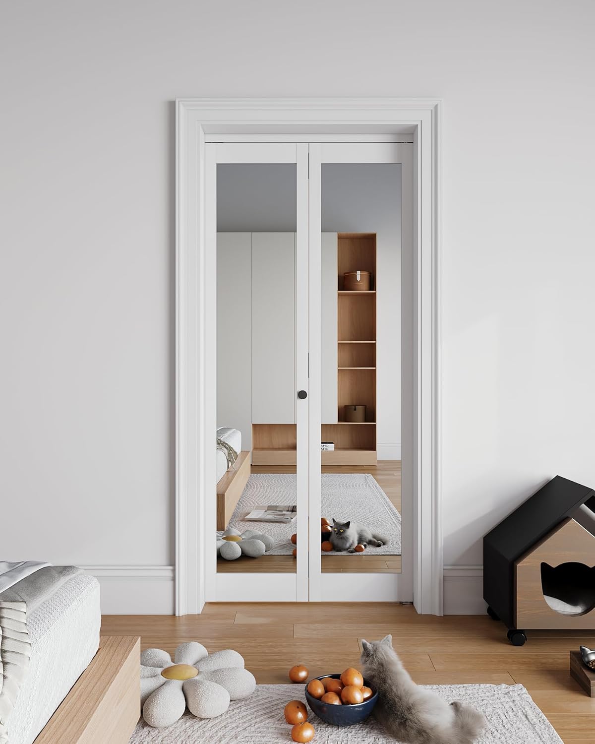 Bifold Doors for 42" x 80" Opening, 1-Lite Mirror Bifold Closet Doors with Sliding Hardware Kit Set, HD Mirror Bifold Panels for Interior Closet, Pantry, White & Easy Install