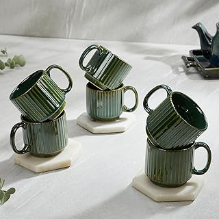 Amazon Brand - Solimo Glam Green Fringe Ceramic Tea Cups Set of 6 160ML Microwave & Dishwasher Safe Coffee Cup Perfect for Daily Use, Office, Parties, and Special Occasions