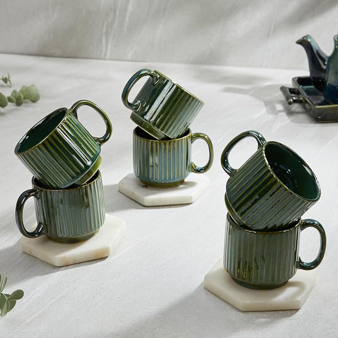 Amazon Brand - Solimo Glam Green Fringe Ceramic Tea Cups | Set of 6 160ML | Microwave & Dishwasher Safe Coffee Cup | Perfect for Daily Use, Office, Parties, and Special Occasions