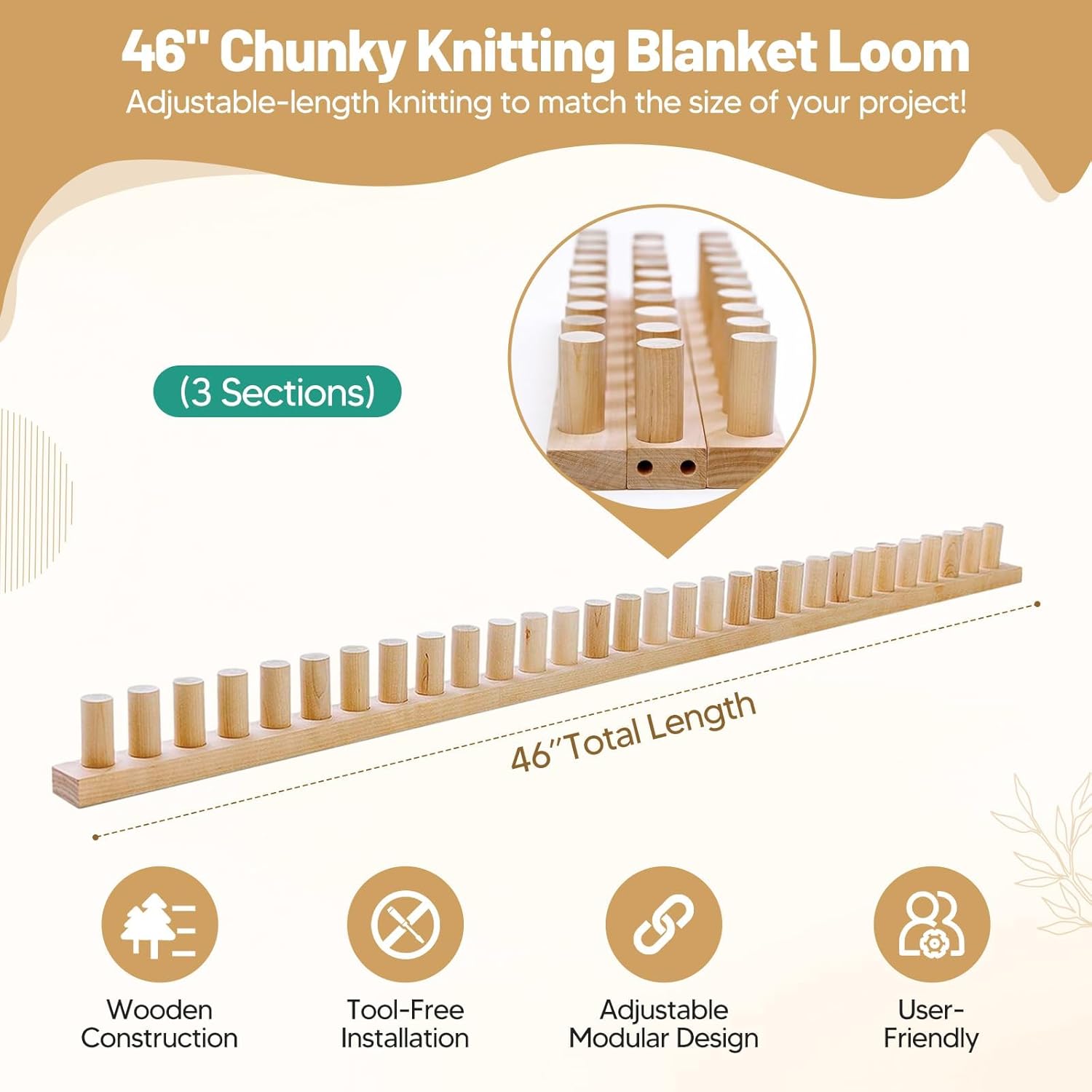 Wooden Knitting Loom for Chunky Blankets, 46 Inches, 3 Sections, Adjustable Size, Beginner Friendly