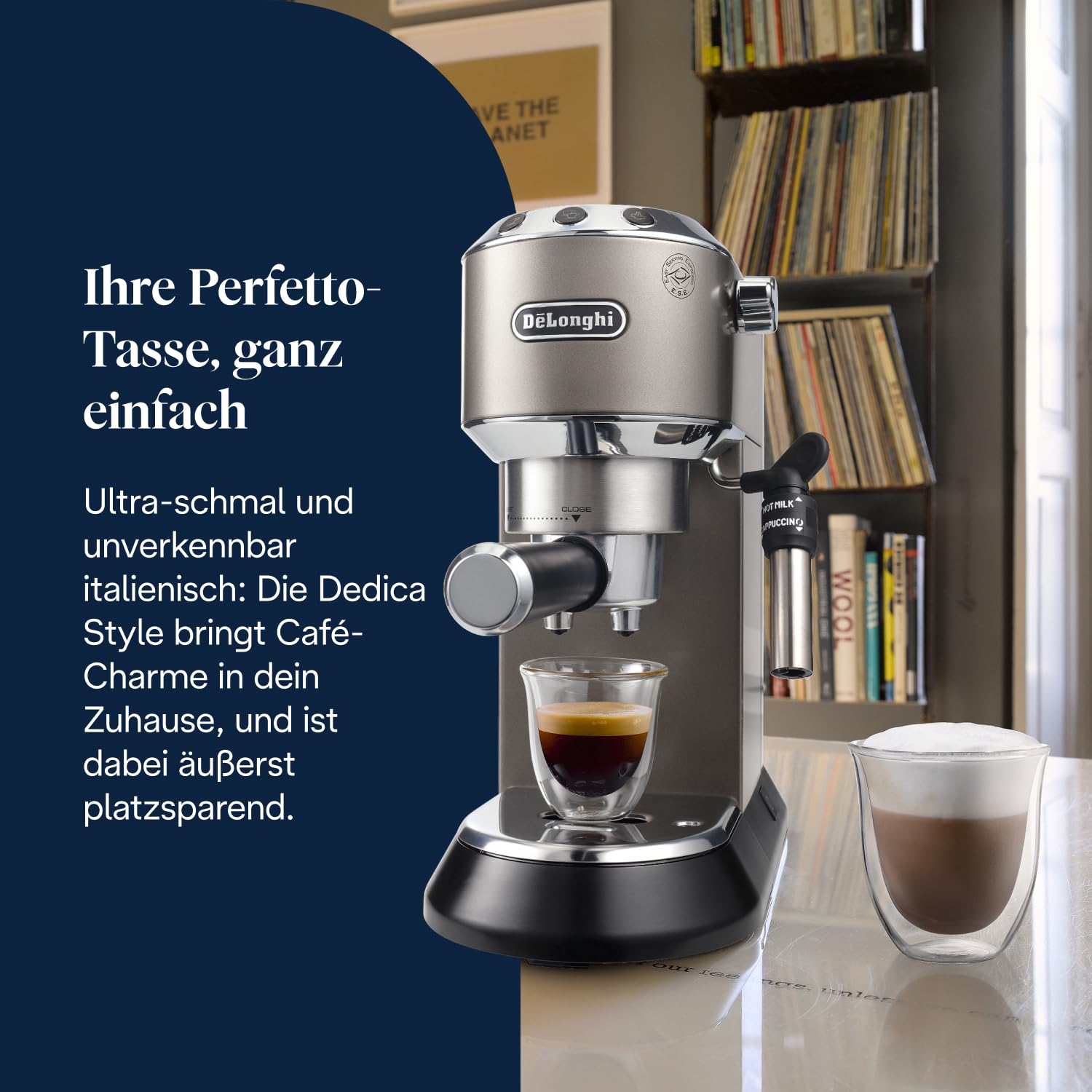 De'Longhi Dedica Style EC685.TB Kompakte Siebträgermaschine Espressomaschine 15cm Titan