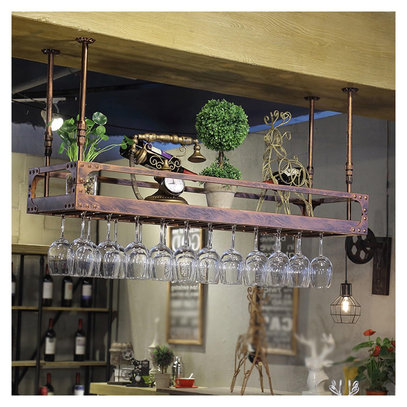 Porte-verres à vin de plafond en finition bronze étagère de rangement suspendue robuste