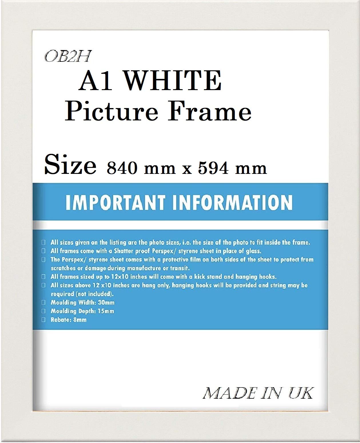 OB2H White A1 Poster Frame Picture Frame (White, A1 Size, 59.4 x 84 cm)
