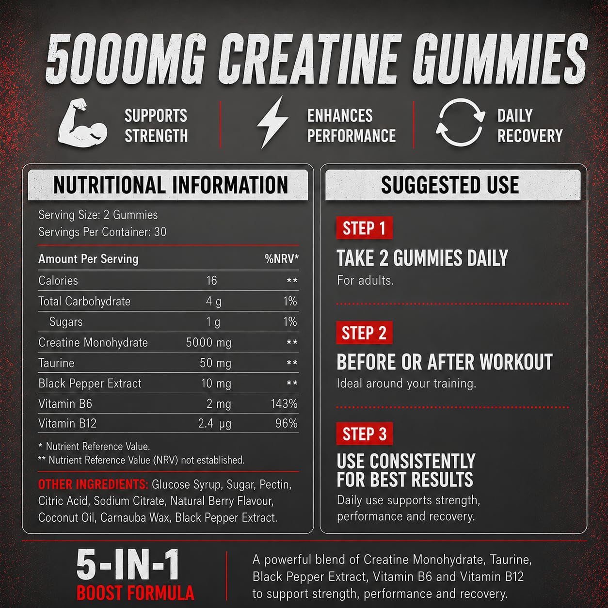 Bonbons Gélifiés à la Créatine Monohydrate 5000mg, Créatine à Haute Dose avec Taurine, Vitamines B12 et B6, Alternative aux Capsules et Poudres de Créatine, Végétalien, 60 Unité (Lot de 2)