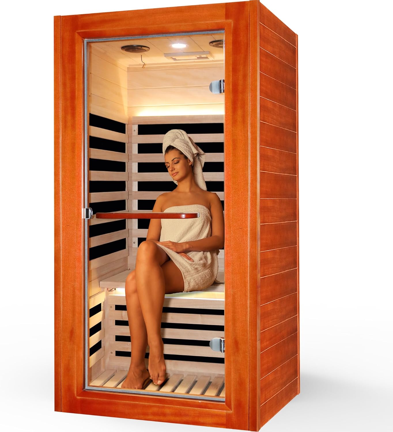 Infrared Sauna, Wood Build Okoume Infrared Saunas for Home, Low EMF 1080W/110V Indoor Sauna Room Sauna Dry Sauna with Tempered Glass Door/Speakers/Air Hole and LED Lighting-1 Person Sauna 32*32*63 IN