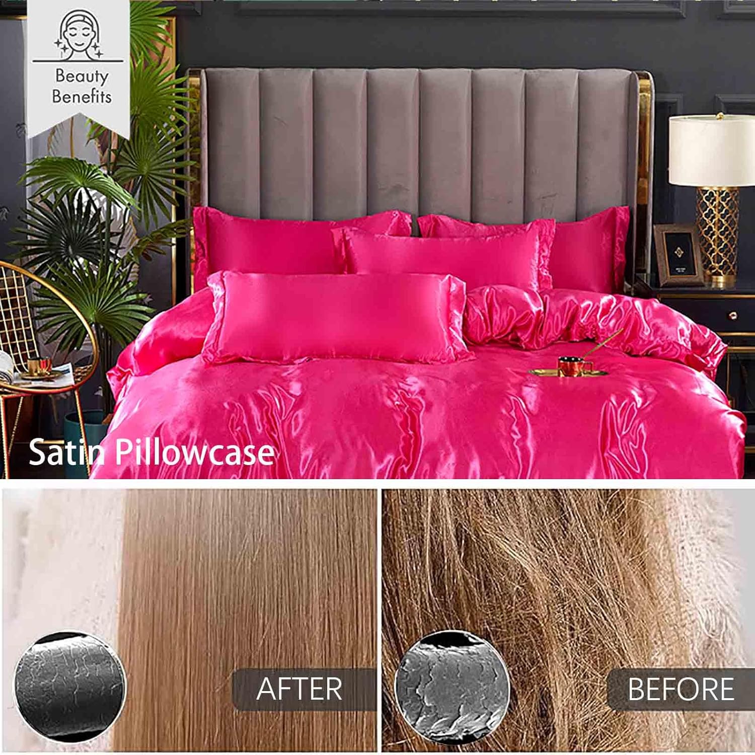 Bedding Luxury Satin Duvet Cover - Soft Satin Queen Set, 3 Pcs Luxury Silky Sheets, Silk-Like Smooth and Wrinkle Resistant,Queen Size, Zipper Closure, Women's Gift (Hot Pink, Queen 90"×90“)